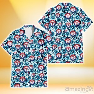 Texas Rangers Blue Line White Hibiscus Black Background 3D Hawaiian Shirt Gift For Fans Product Photo 1