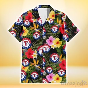 Texas Rangers Colorful Hibiscus Green Leaf Back Background 3D Hawaiian Shirt Gift For Fans Product Photo 2