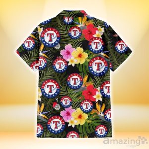 Texas Rangers Colorful Hibiscus Green Leaf Back Background 3D Hawaiian Shirt Gift For Fans Product Photo 3