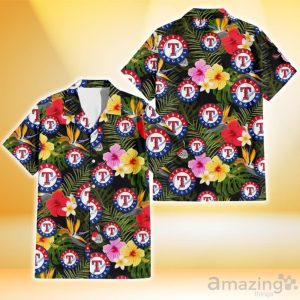Texas Rangers Colorful Hibiscus Green Leaf Back Background 3D Hawaiian Shirt Gift For Fans Product Photo 1