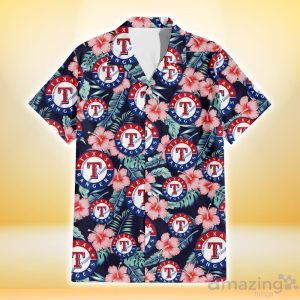 Texas Rangers Coral Hibiscus Green Banana Leaf Black Background 3D Hawaiian Shirt Gift For Fans Product Photo 2