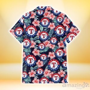 Texas Rangers Coral Hibiscus Green Banana Leaf Black Background 3D Hawaiian Shirt Gift For Fans Product Photo 3