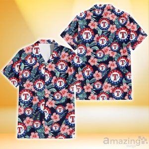 Texas Rangers Coral Hibiscus Green Banana Leaf Black Background 3D Hawaiian Shirt Gift For Fans Product Photo 1