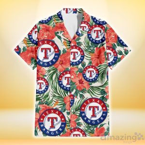 Texas Rangers Coral Hibiscus Green Leaf Beige Background 3D Hawaiian Shirt Gift For Fans Product Photo 2