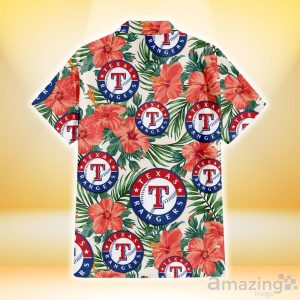 Texas Rangers Coral Hibiscus Green Leaf Beige Background 3D Hawaiian Shirt Gift For Fans Product Photo 3