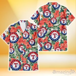 Texas Rangers Coral Hibiscus Green Leaf Beige Background 3D Hawaiian Shirt Gift For Fans Product Photo 1