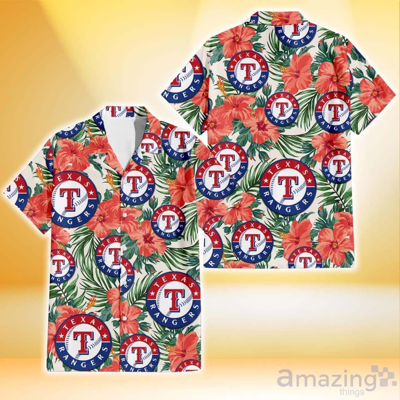 Texas Rangers Pink Hibiscus Green Leaf Blue Background Hawaiian Shirt