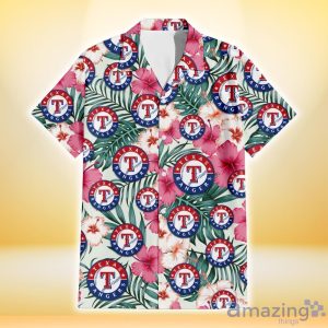 Texas Rangers Coral Pink Hibiscus Green Leaf Beige Background 3D Hawaiian Shirt Gift For Fans Product Photo 2