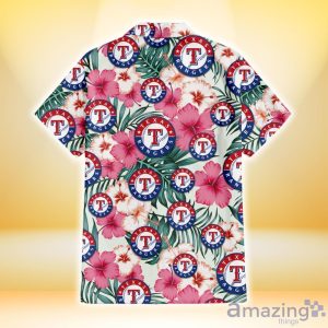 Texas Rangers Coral Pink Hibiscus Green Leaf Beige Background 3D Hawaiian Shirt Gift For Fans Product Photo 3