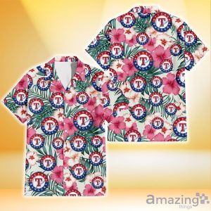 Texas Rangers Coral Pink Hibiscus Green Leaf Beige Background 3D Hawaiian Shirt Gift For Fans Product Photo 1