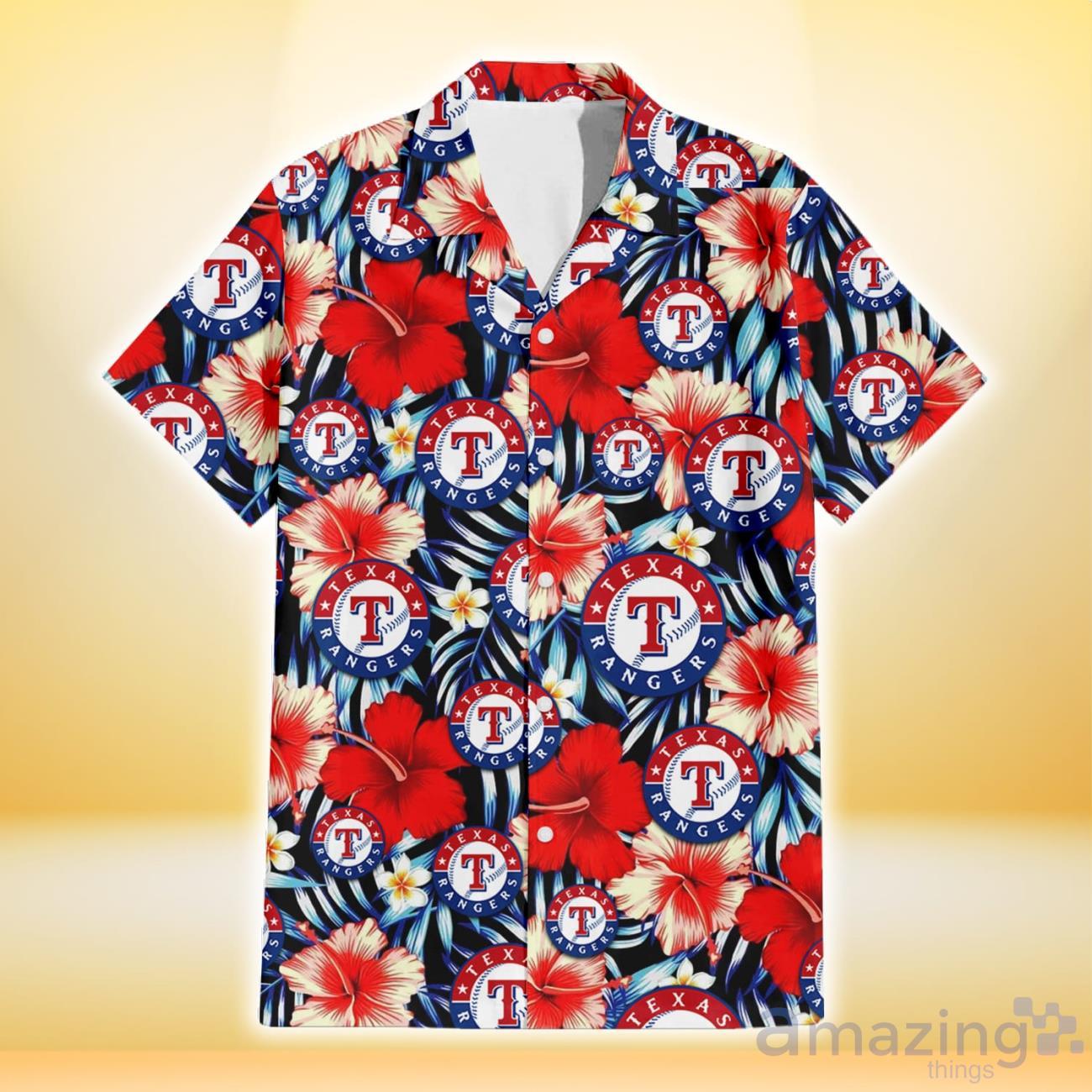 Texas Rangers Red Hibiscus Purple Leaf Pattern Summer Gift Hawaiian Shirt  For Fans - Freedomdesign