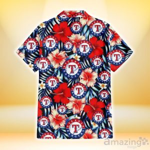 Texas Rangers Coral Red Hibiscus Blue Palm Leaf Black Background 3D Hawaiian Shirt Gift For Fans Product Photo 3