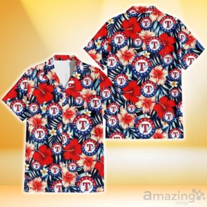 Texas Rangers Coral Red Hibiscus Blue Palm Leaf Black Background 3D Hawaiian Shirt Gift For Fans Product Photo 1