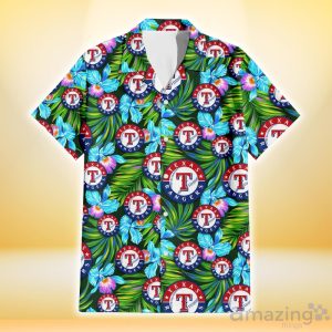 Texas Rangers Electro Color Hibiscus Black Background 3D Hawaiian Shirt Gift For Fans Product Photo 2