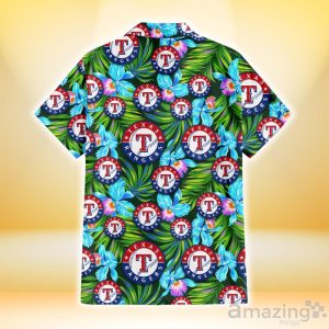 Texas Rangers Electro Color Hibiscus Black Background 3D Hawaiian Shirt Gift For Fans Product Photo 3