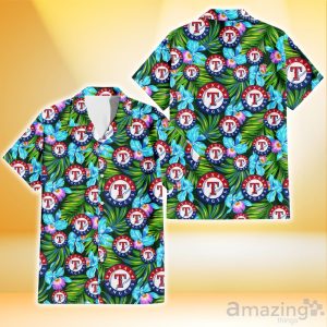Texas Rangers Electro Color Hibiscus Black Background 3D Hawaiian Shirt Gift For Fans Product Photo 1