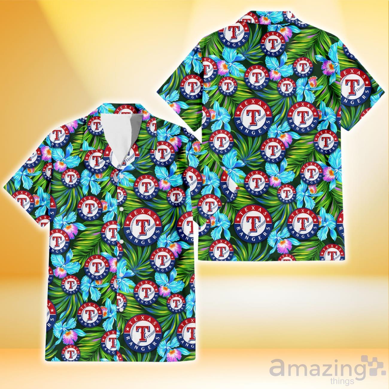 Texas Rangers Red And White Hibiscus Dark Leaf Black Background Hawaiian  Shirt