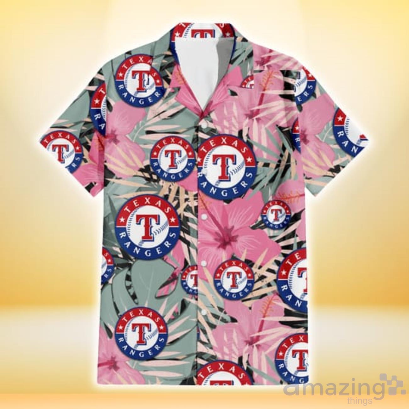 Texas Rangers Pink Hibiscus Green Leaf Blue Background Hawaiian Shirt