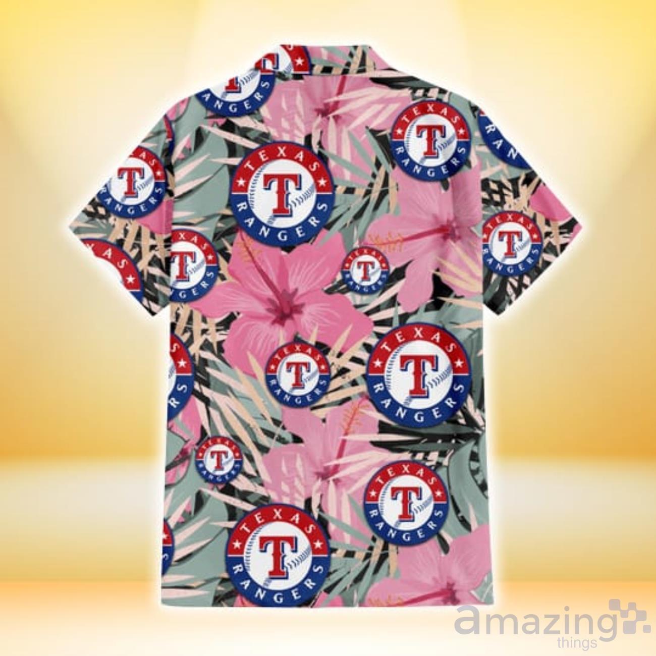 Texas Rangers Pink Hibiscus Green Leaf Blue Background Hawaiian Shirt