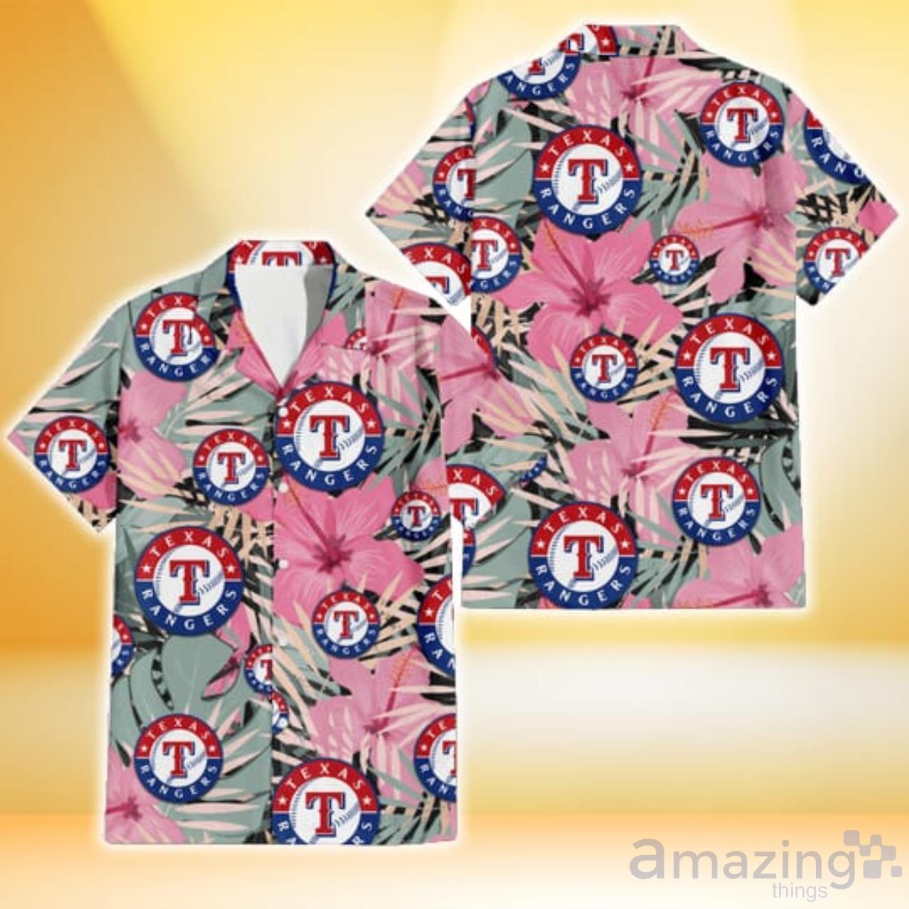 Texas Rangers Light Pink Hibiscus Pale Green Leaf Black Background 3D  Hawaiian Shirt Gift For Fans
