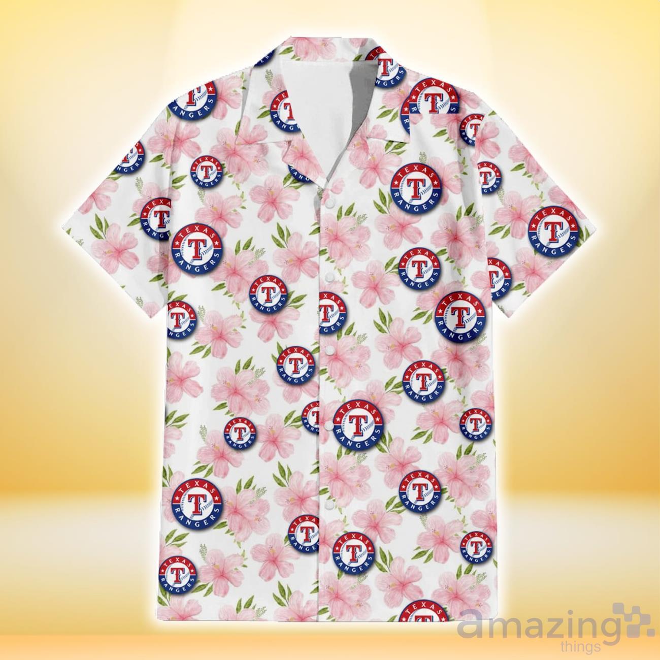 Texas Rangers Pink Flower And Logo Pattern Hawaiian Shirt For Fans