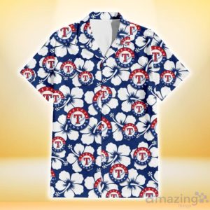 Texas Rangers Modern White Hibiscus Navy Background 3D Hawaiian Shirt Gift For Fans Product Photo 2