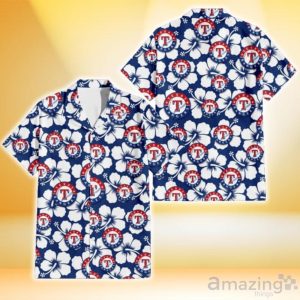 Texas Rangers Modern White Hibiscus Navy Background 3D Hawaiian Shirt Gift For Fans Product Photo 1