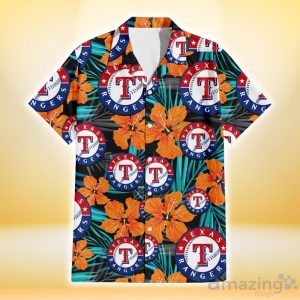 Texas Rangers Orange Hibiscus Blue Gray Leaf Black Background 3D Hawaiian Shirt Gift For Fans Product Photo 2