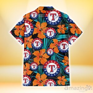 Texas Rangers Orange Hibiscus Blue Gray Leaf Black Background 3D Hawaiian Shirt Gift For Fans Product Photo 3