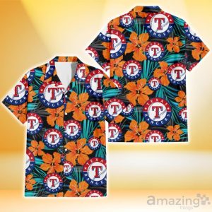 Texas Rangers Orange Hibiscus Blue Gray Leaf Black Background 3D Hawaiian Shirt Gift For Fans Product Photo 1
