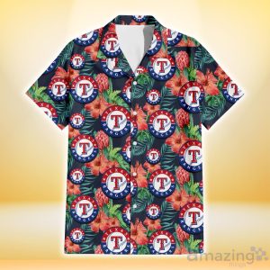 Texas Rangers Orange Hibiscus Green Tropical Leaf Dark Background 3D Hawaiian Shirt Gift For Fans Product Photo 2