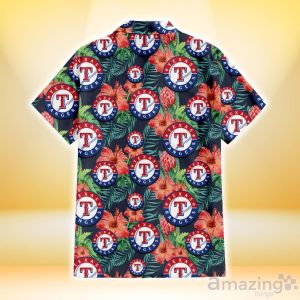 Texas Rangers Orange Hibiscus Green Tropical Leaf Dark Background 3D Hawaiian Shirt Gift For Fans Product Photo 3