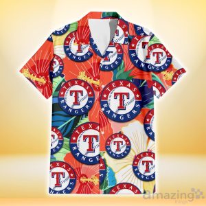 Texas Rangers Orange White Tropical Hibiscus Green Leaf 3D Hawaiian Shirt Gift For Fans Product Photo 2
