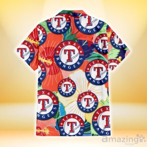 Texas Rangers Orange White Tropical Hibiscus Green Leaf 3D Hawaiian Shirt Gift For Fans Product Photo 3