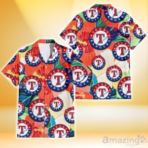 Texas Rangers Orange White Tropical Hibiscus Green Leaf 3D Hawaiian Shirt Gift For Fans Product Photo 1