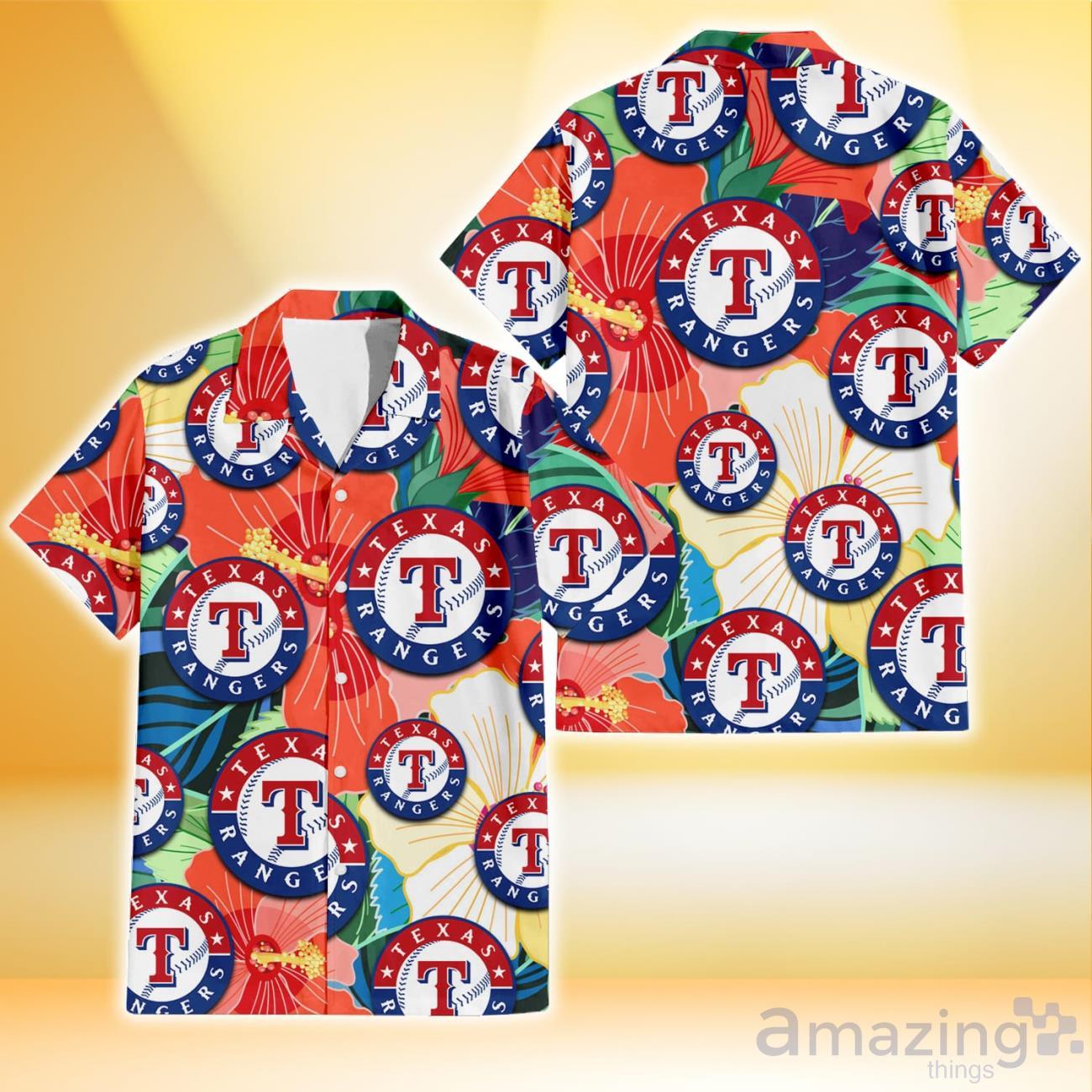 Texas Rangers Red Hibiscus Green Leaf Pattern Tropical Summer Gift 3D  Hawaiian Shirt - Freedomdesign