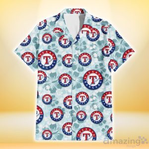 Texas Rangers Pale Turquoise Hibiscus Light Cyan Background 3D Hawaiian Shirt Gift For Fans Product Photo 2