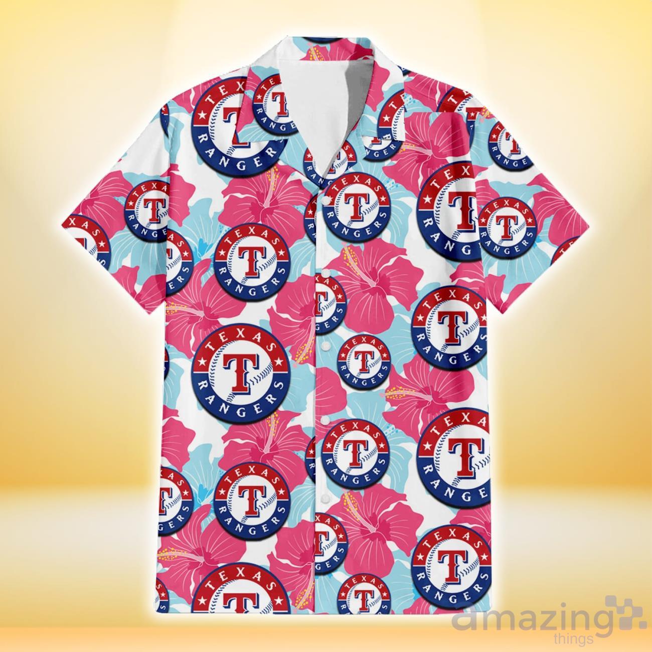 Texas Rangers Pink Orange Yellow White Hibiscus Black Background 3D  Hawaiian Shirt Gift For Fans