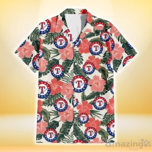 Texas Rangers Pink Coral Hibiscus Banana Leaf Beige Background 3D Hawaiian Shirt Gift For Fans Product Photo 2