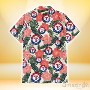 Texas Rangers Pink Coral Hibiscus Banana Leaf Beige Background 3D Hawaiian Shirt Gift For Fans Product Photo 3