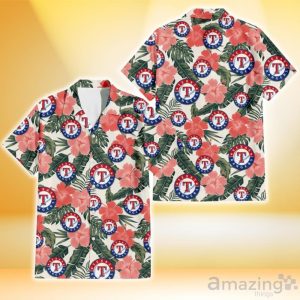 Texas Rangers Pink Coral Hibiscus Banana Leaf Beige Background 3D Hawaiian Shirt Gift For Fans Product Photo 1