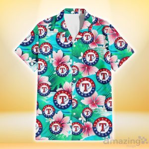 Texas Rangers Pink Hibiscus Green Leaf Blue Background 3D Hawaiian Shirt Gift For Fans Product Photo 2