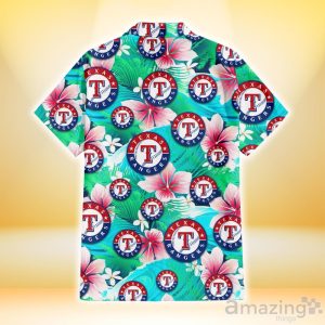 Texas Rangers Pink Hibiscus Green Leaf Blue Background 3D Hawaiian Shirt Gift For Fans Product Photo 3