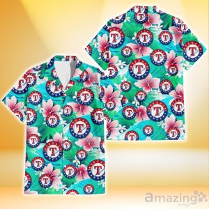Texas Rangers Pink Hibiscus Green Leaf Blue Background 3D Hawaiian Shirt Gift For Fans Product Photo 1