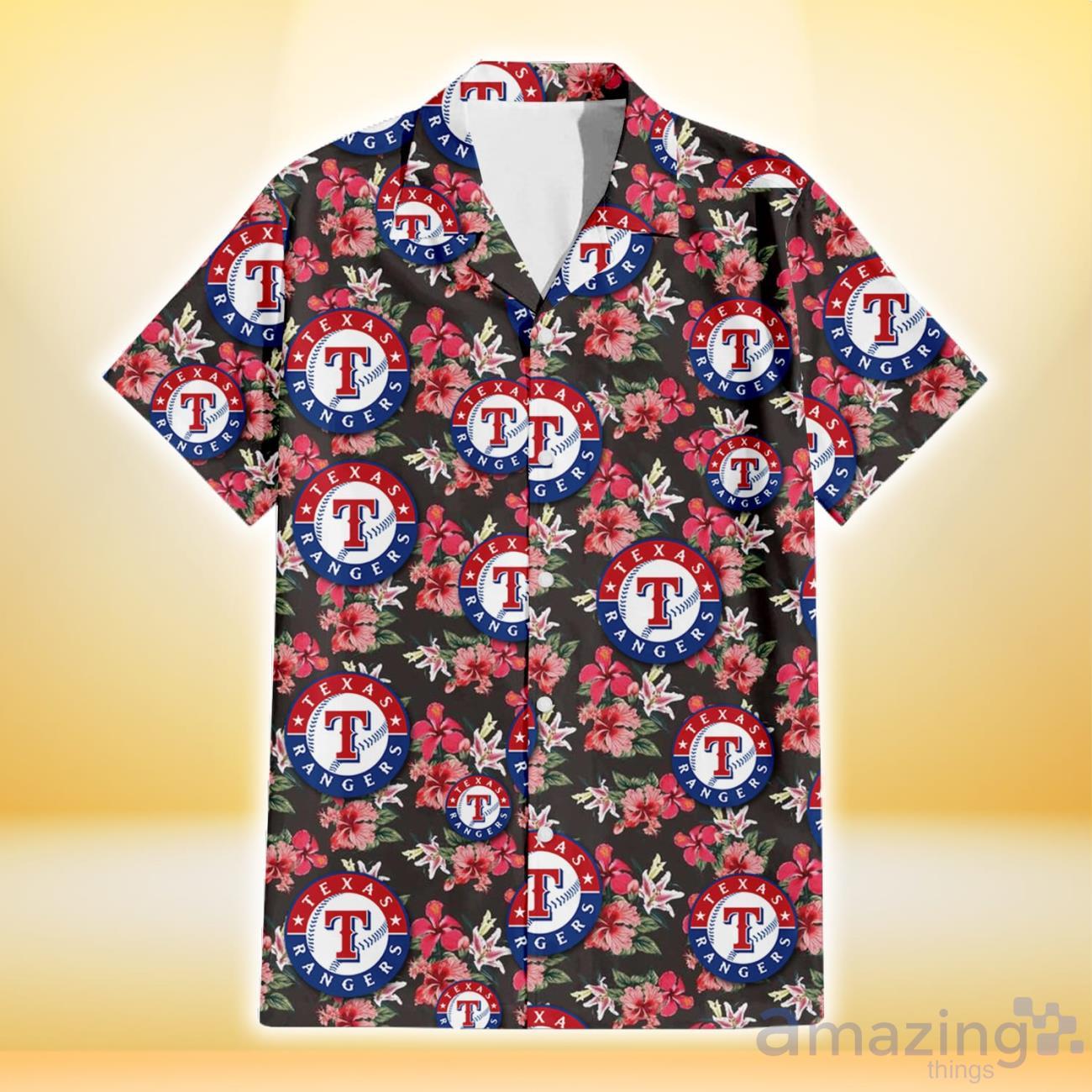 Texas Rangers Pink Hibiscus Orchid Brown Background 3D Hawaiian Shirt Gift For Fans image Texas Rangers Pink Hibiscus Orchid Brown Background 3D Hawaiian Shirt Gift For Fans Product Photo 2