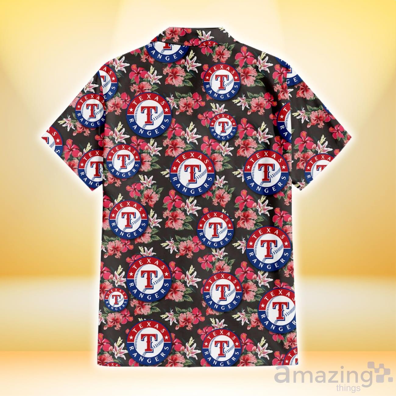 Texas Rangers Pink Hibiscus Orchid Brown Background 3D Hawaiian Shirt Gift For Fans image Texas Rangers Pink Hibiscus Orchid Brown Background 3D Hawaiian Shirt Gift For Fans Product Photo 3