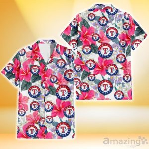 Texas Rangers Pink Hibiscus White Orchid White Background 3D Hawaiian Shirt Gift For Fans Product Photo 1