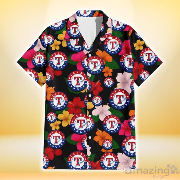 Texas Rangers Pink Orange Yellow White Hibiscus Black Background 3D  Hawaiian Shirt Gift For Fans