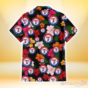 Texas Rangers Pink Orange Yellow White Hibiscus Black Background 3D Hawaiian Shirt Gift For Fans Product Photo 3