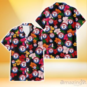 Texas Rangers Pink Orange Yellow White Hibiscus Black Background 3D Hawaiian Shirt Gift For Fans Product Photo 1
